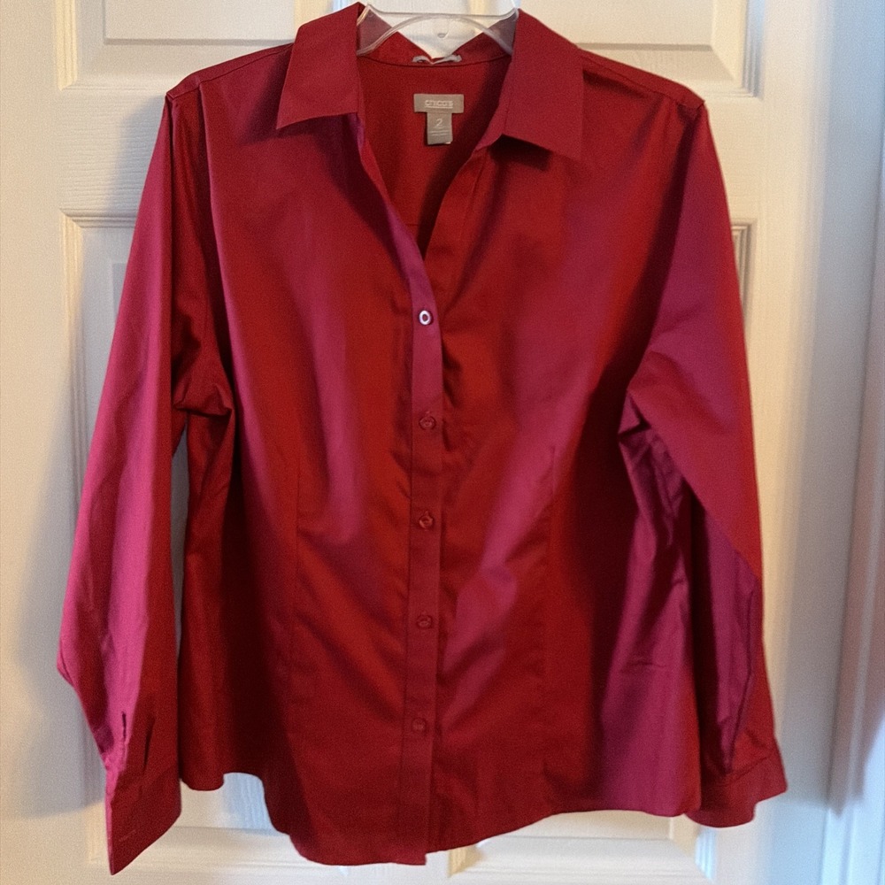 Chico's Women's Size 2 Large No Iron 100% Cotton Red Collared Blouse Top